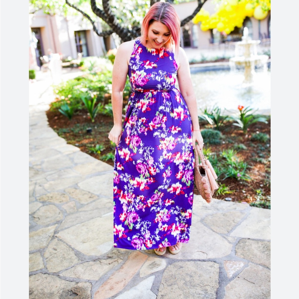 Loveappella Tia Knit Multi Floral Racerback Maxi Dress